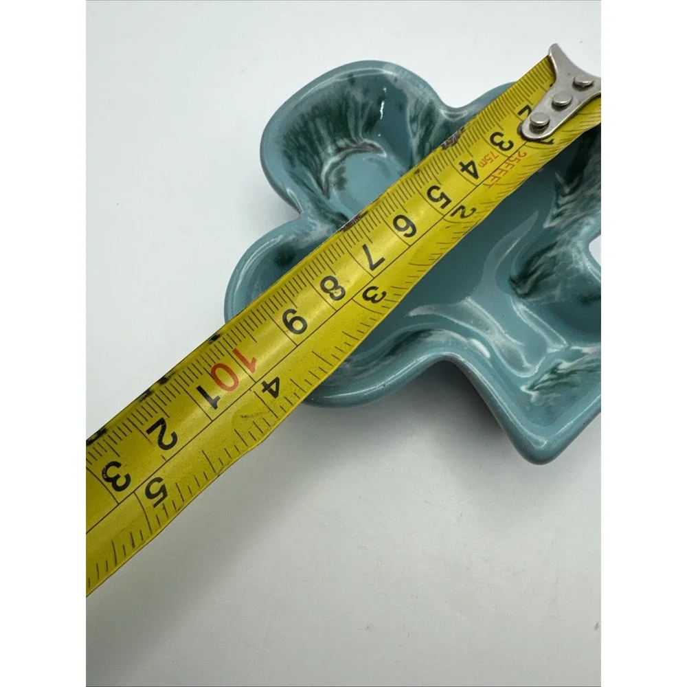 Mid Century Clover Shaped‎ Ceramic Trinket Dish Studio Pottery Turquoise Glaze